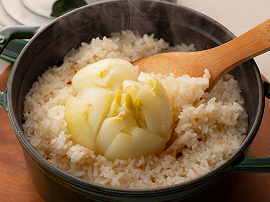 チーズや黒胡椒を合わせて 新玉ねぎのだし炊きごはん